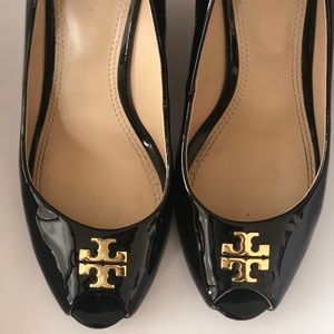 Black Patent Peep-toe Tory Burch Wedges
